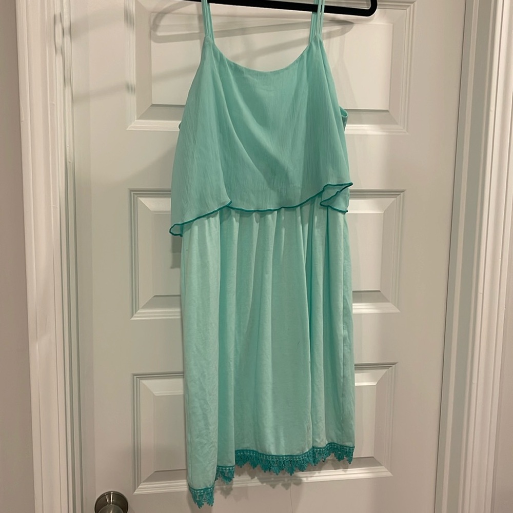 Charming Charlie Large Seafoam blue green lace trim lightweight summer dress